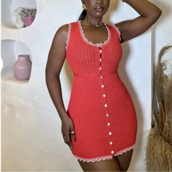 Zara Red White Pointelle Knit Scallop Hem Mini Dress Small Blogger Favorite - Picture 1 of 15